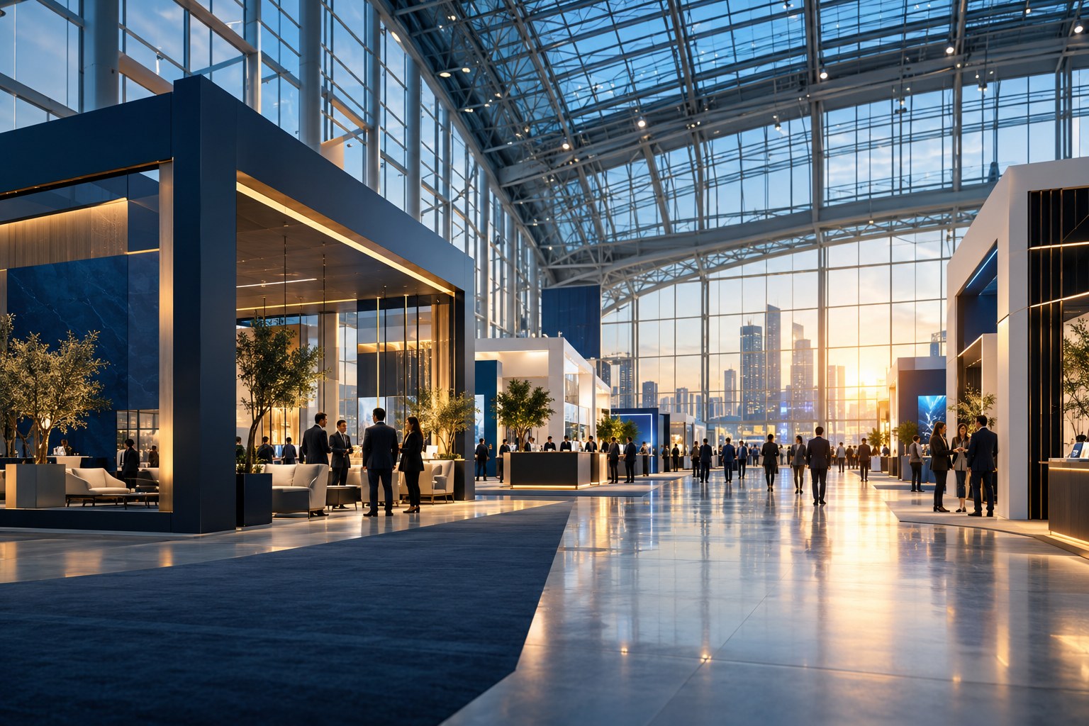 Illustrative view of a contemporary exhibition hall with business visitors